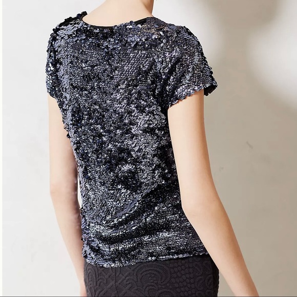 SOLD-Anthropologie Blue Jewel Tone Sequin Short Sleeve Blouse Tee - Picture 4 of 11